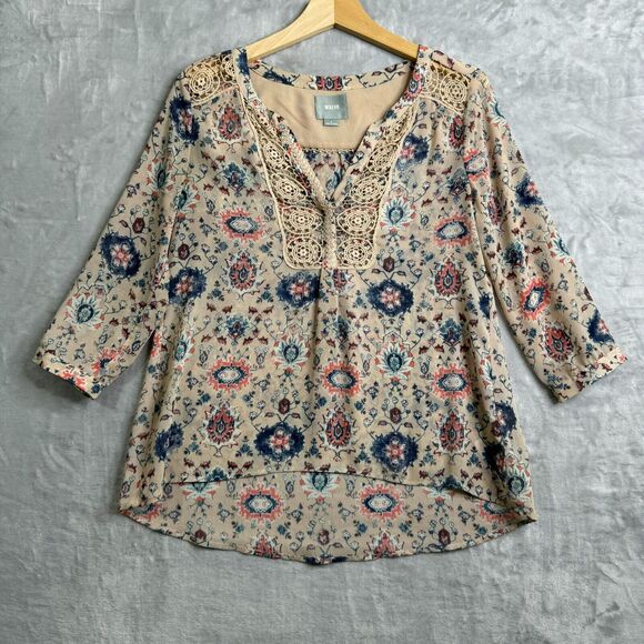 Anthropologie Maeve Top Womens 2 Tan Blue Red Floral Embroidered Lace Boho - Picture 1 of 13